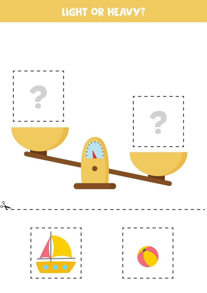 ligero, pesado o igual. corte las imágenes de abajo y péguelas en el cuadro de la derecha. vector