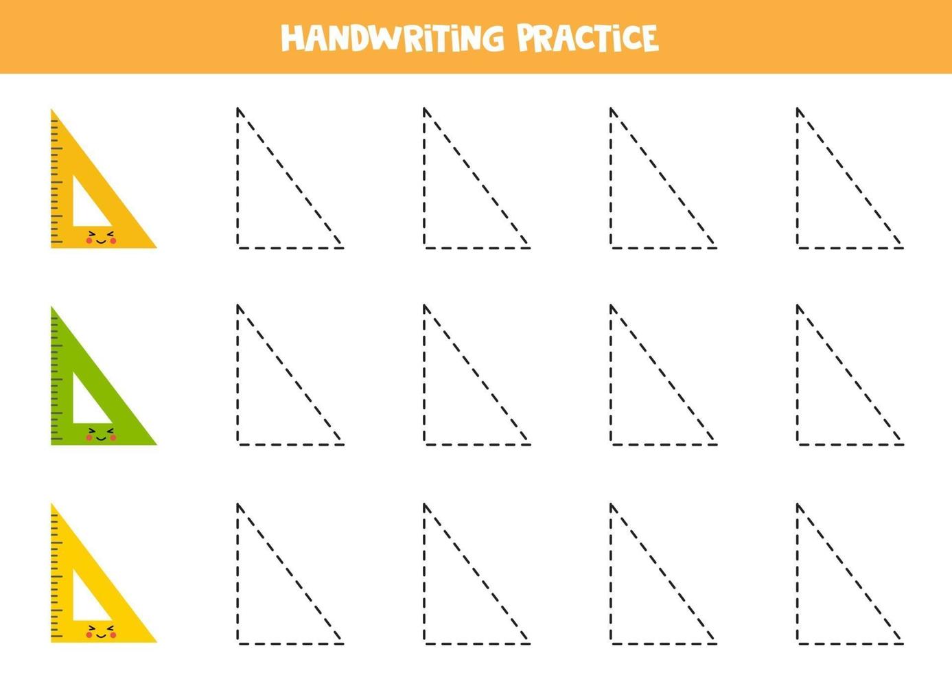 Tracing lines with cute kawaii rulers. Writing practice. vector