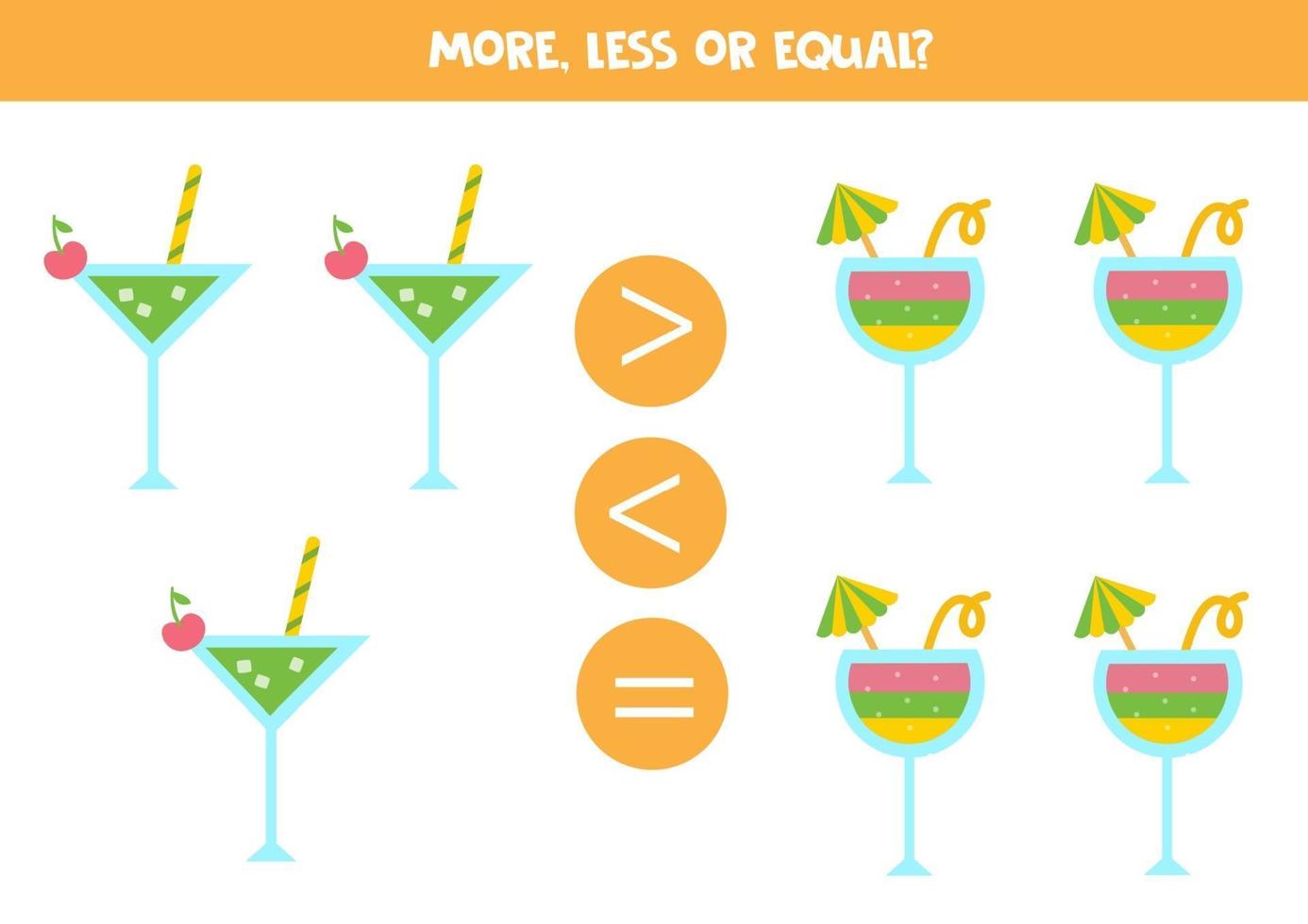 More, less, equal with summer cocktails. Math comparison. vector