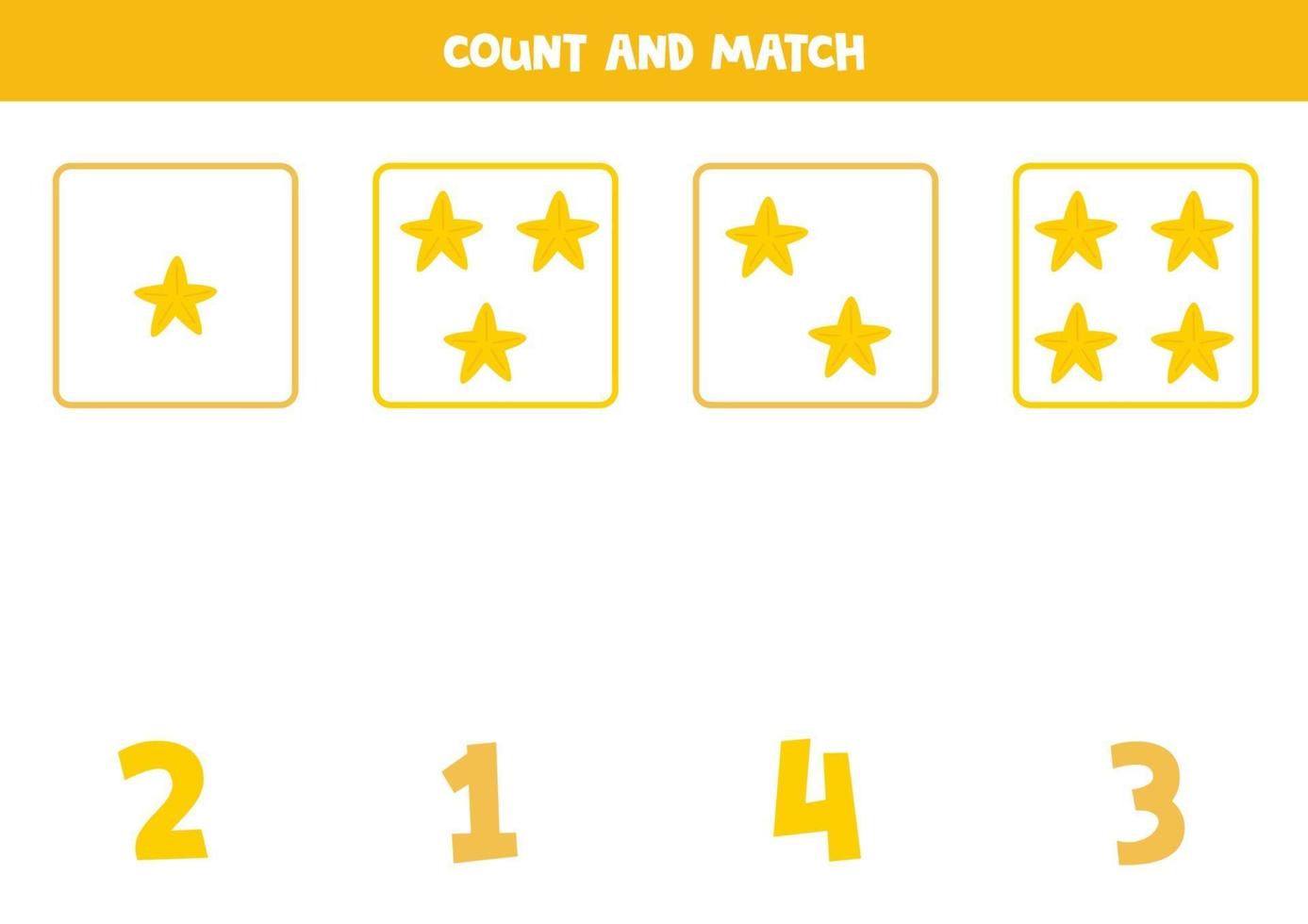 Counting game with cute sea stars. Math worksheet. vector