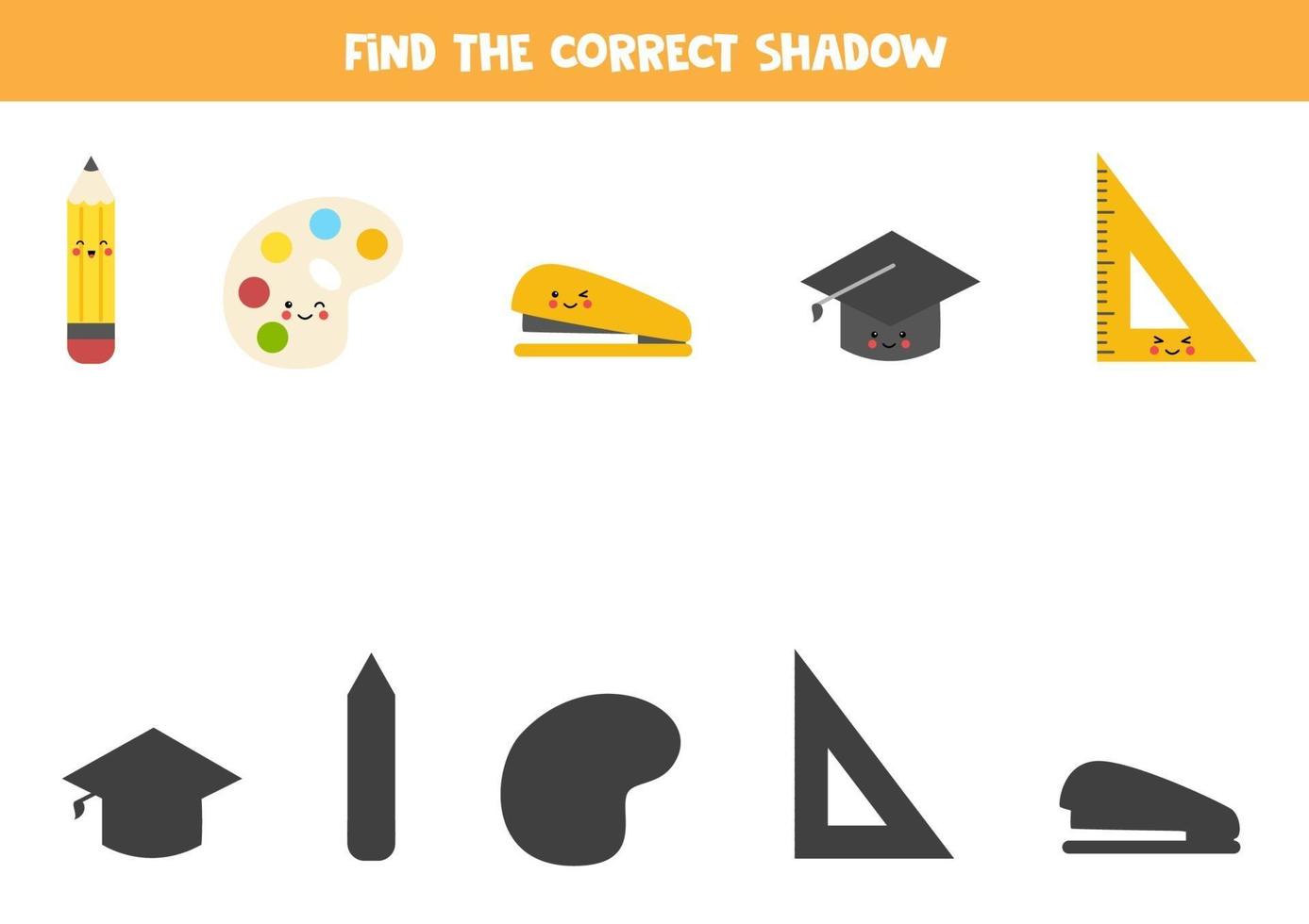 Find the correct shadows of cute kawaii school supplies. vector