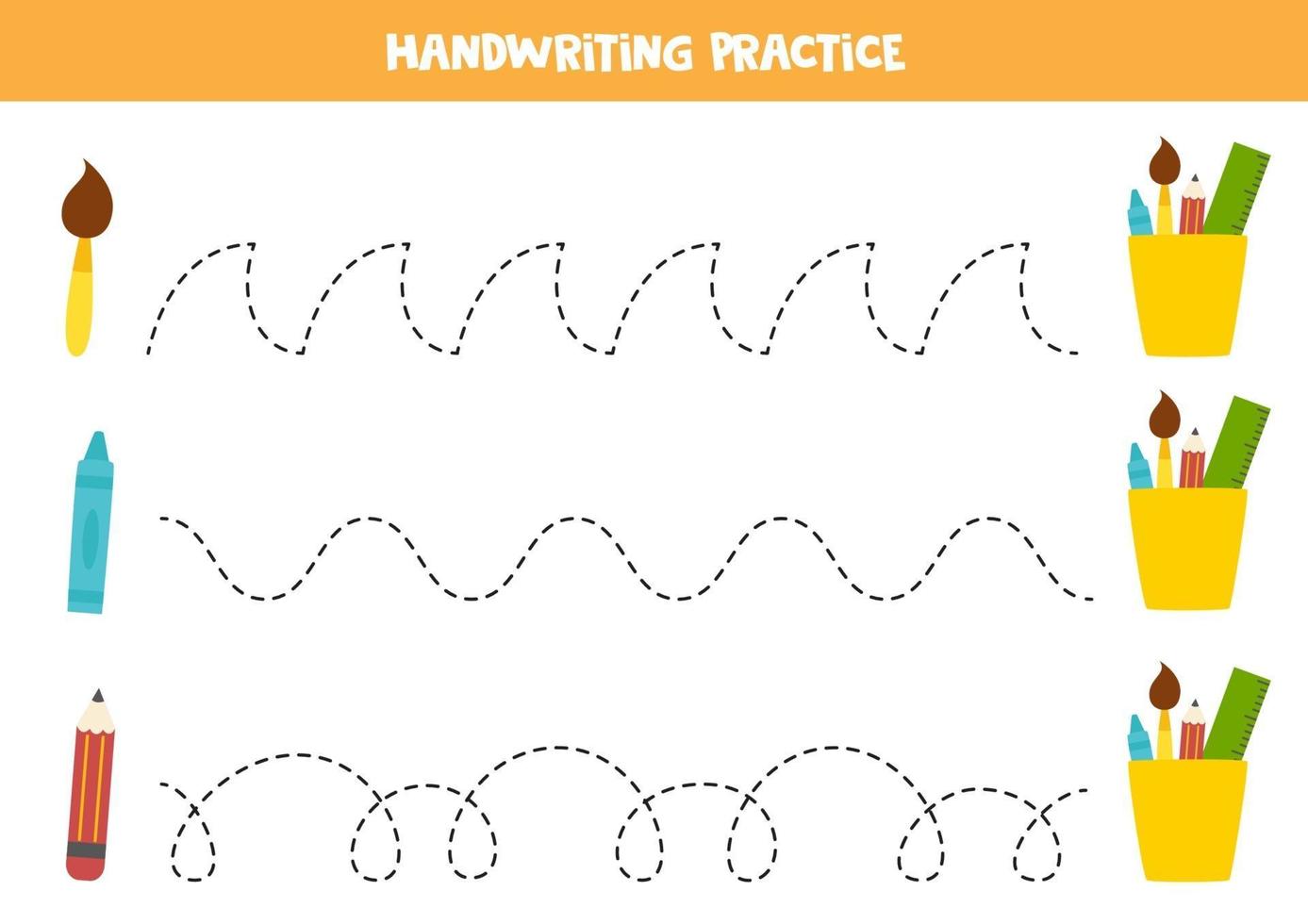 Tracing lines with cartoon school stationery. Writing practice. vector