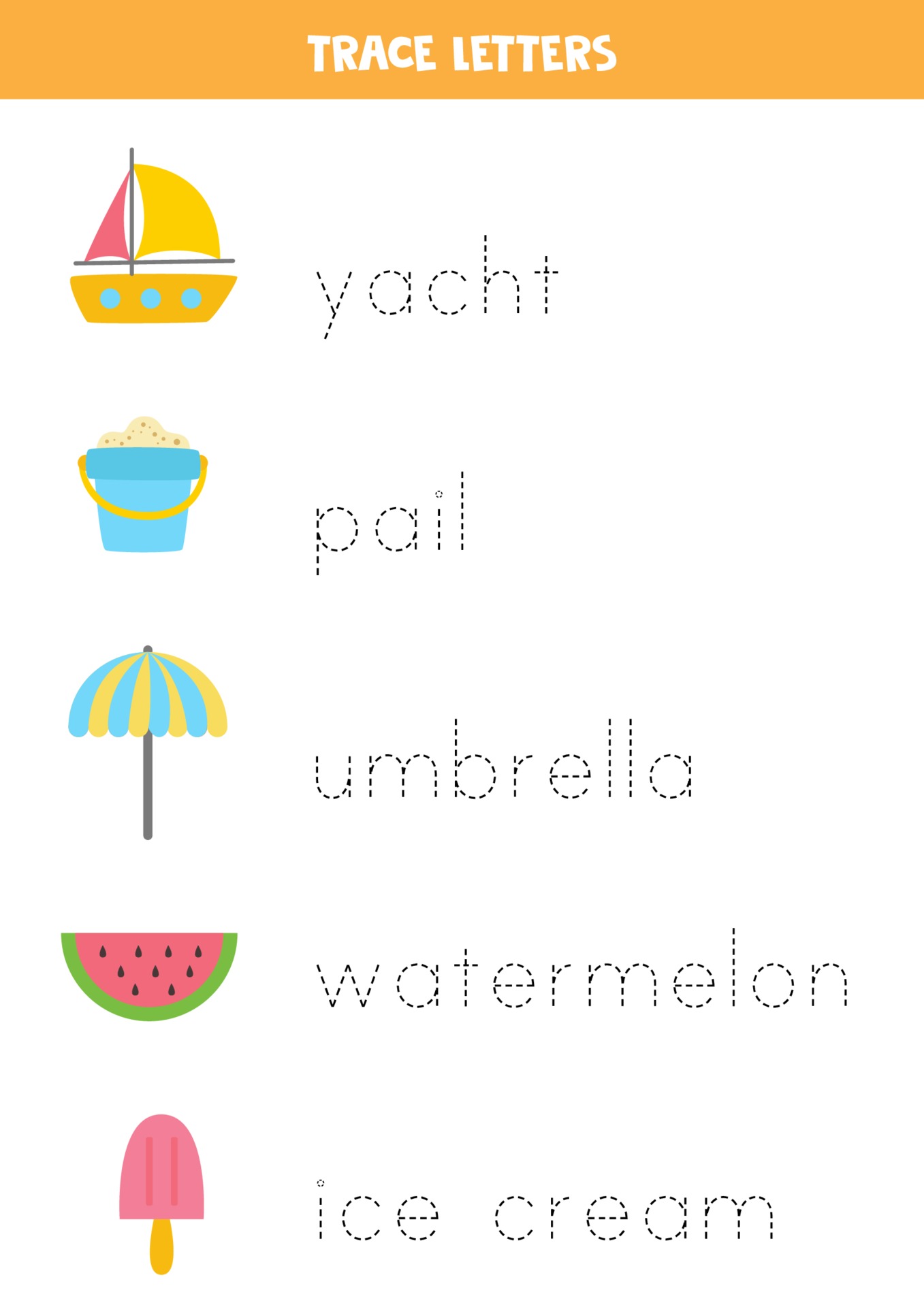Tracing words of summer elements. Writing practice. 3271647 Vector Art
