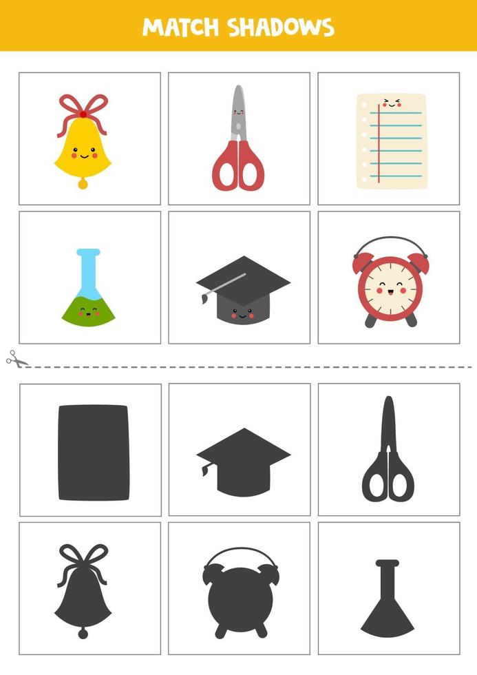 Find shadows of cute school supplies. Cards for kids. vector