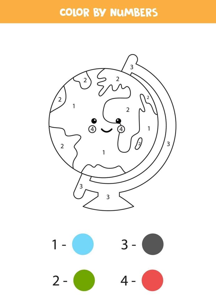 Color cute kawaii globe by numbers. Worksheet for kids. vector