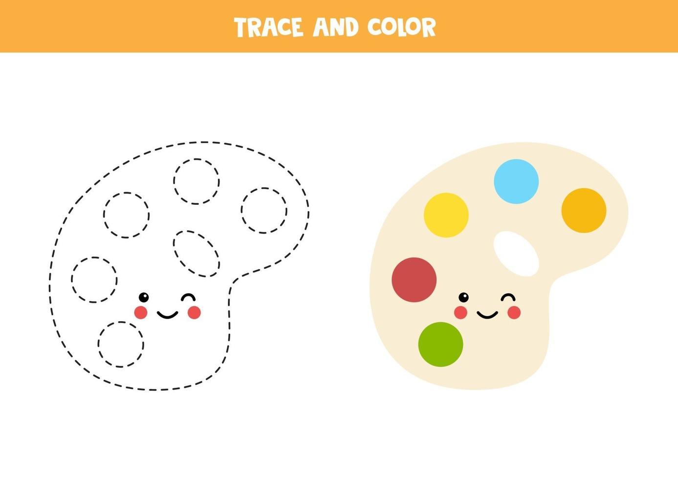 Trace and color cute kawaii palette. Worksheet for kids. vector