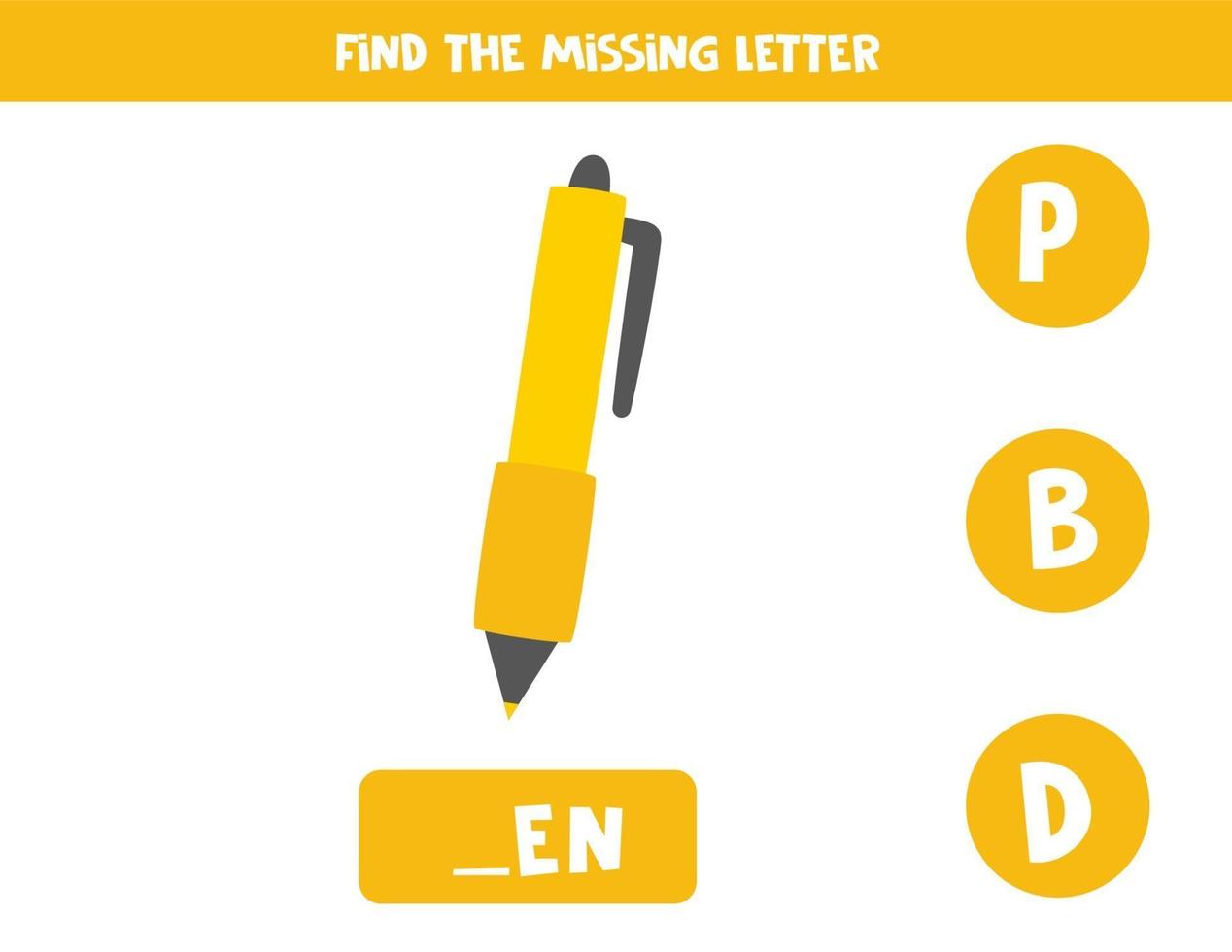 Find missing letter with cute pen. Spelling worksheet. vector