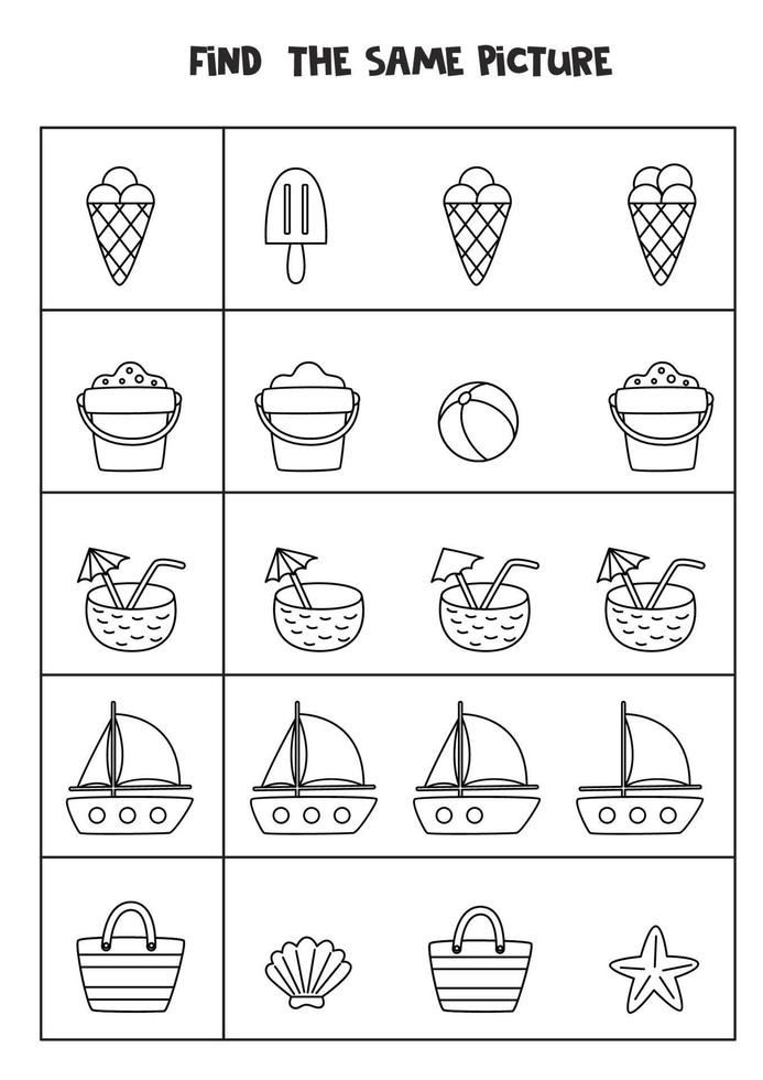 Find two the same summer elements. Black and white worksheet. vector
