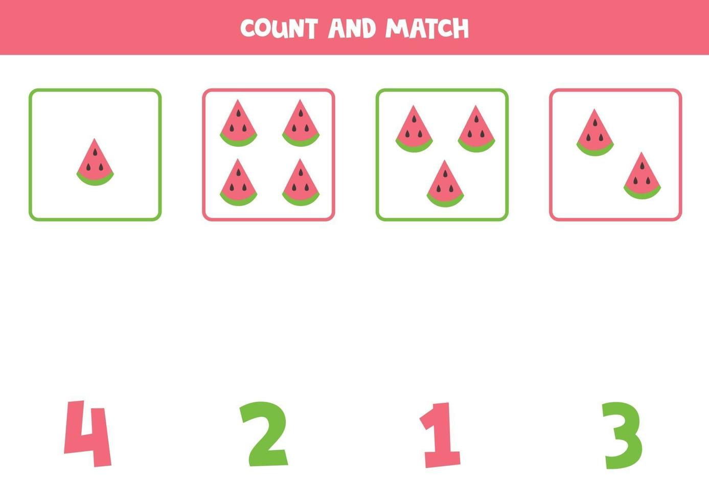 Counting game with watermelon slices. Math worksheet. vector