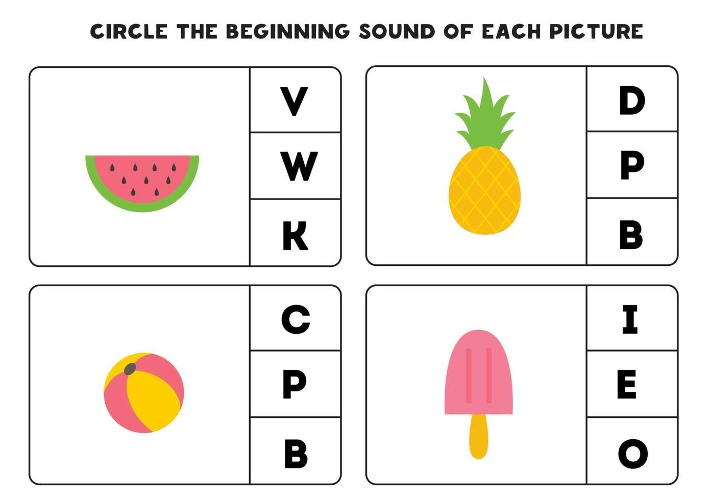 worksheet for kids find the beginning sound of cute summer elements 3271671 vector art at vecteezy