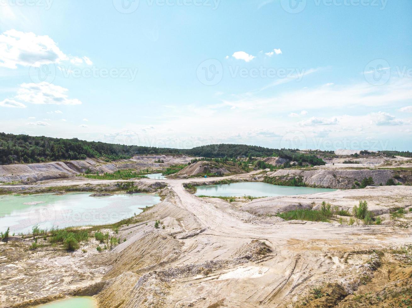 Drone view on a flooded kaolin quarry turquoise water and white shore photo