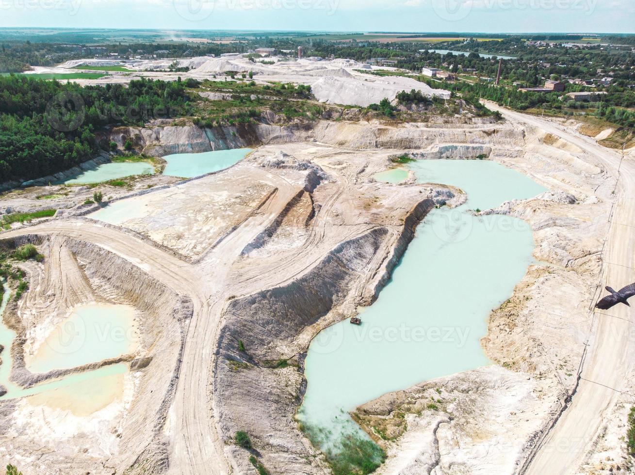 Drone view on a flooded kaolin quarry turquoise water and white shore photo