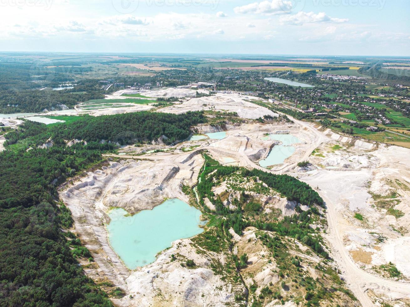 Drone view on a flooded kaolin quarry turquoise water and white shore photo