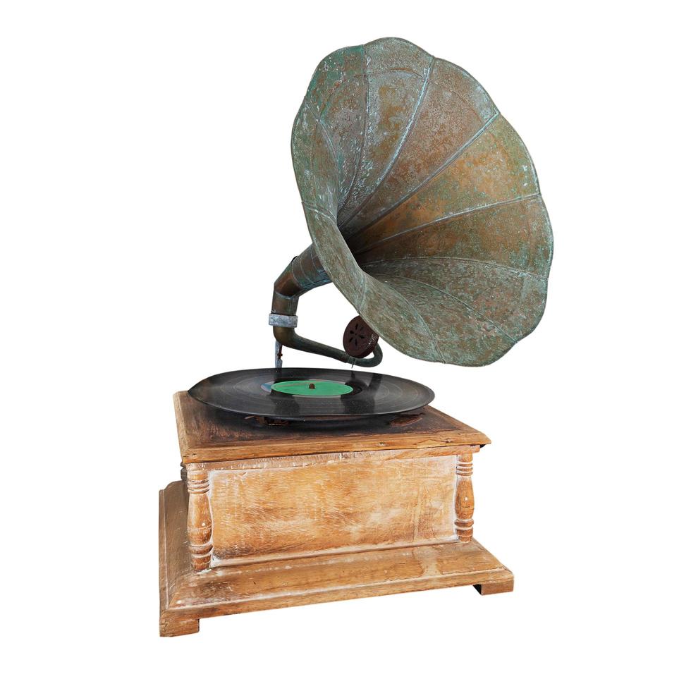 Old gramophone with a phonograph record photo