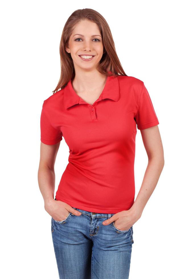 Pretty girl in blue jeans and a red T-shirt photo