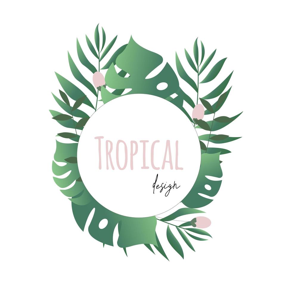 Wedding invitation or round banner with monstera and palm leaves vector