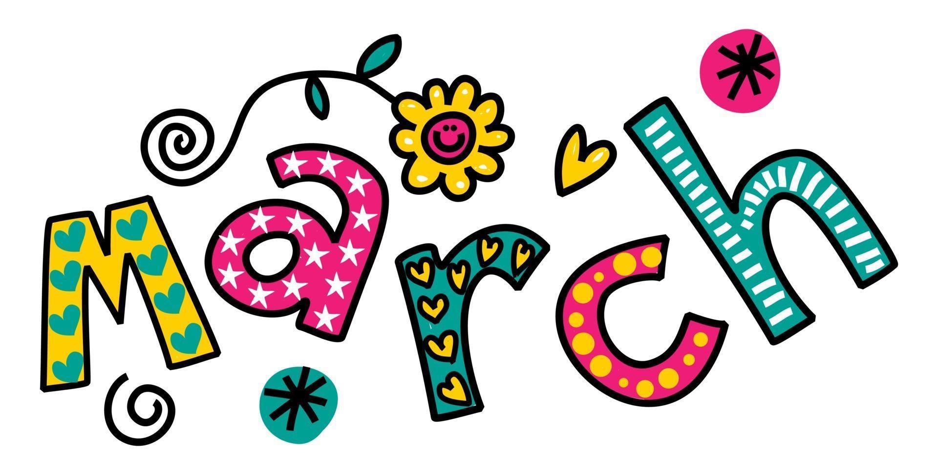 March Month of the Year Doodle Text Lettering vector