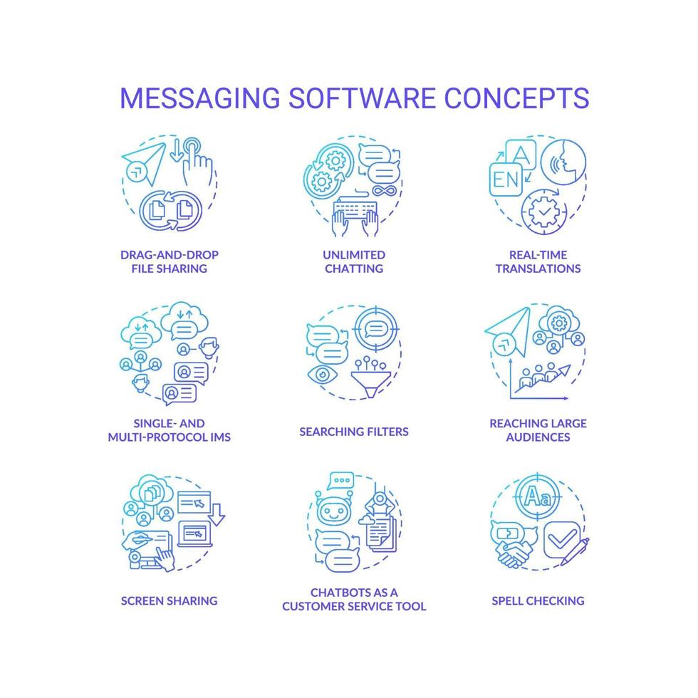 Conjunto de iconos de concepto degradado azul de software de mensajería vector