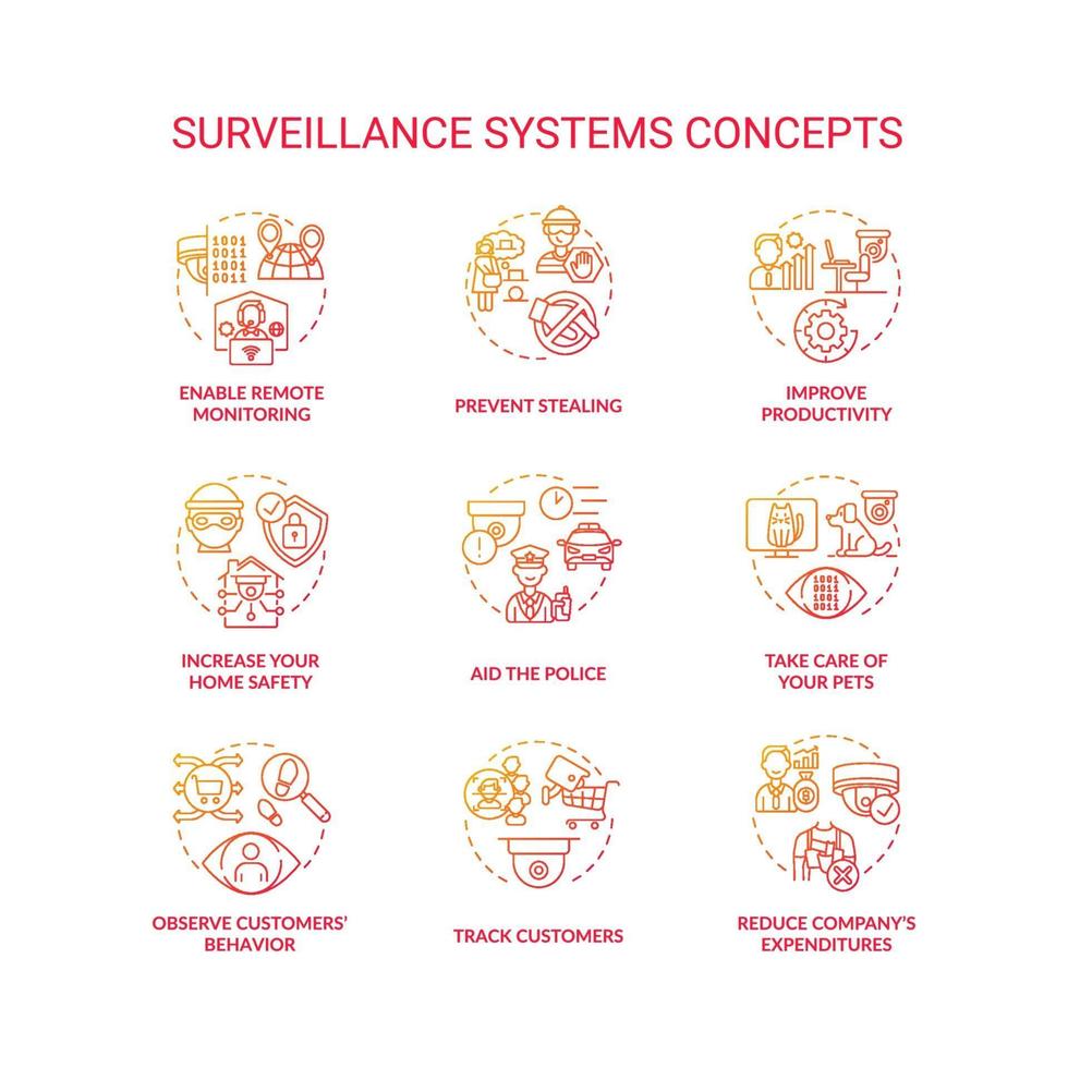 Surveillance systems red concept icons set vector