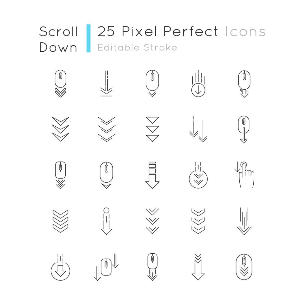 Scroll down pixel perfect linear icons set vector