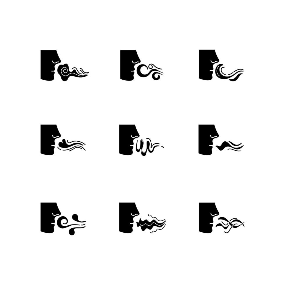 Nose smelling scent black glyph icons set on white space vector