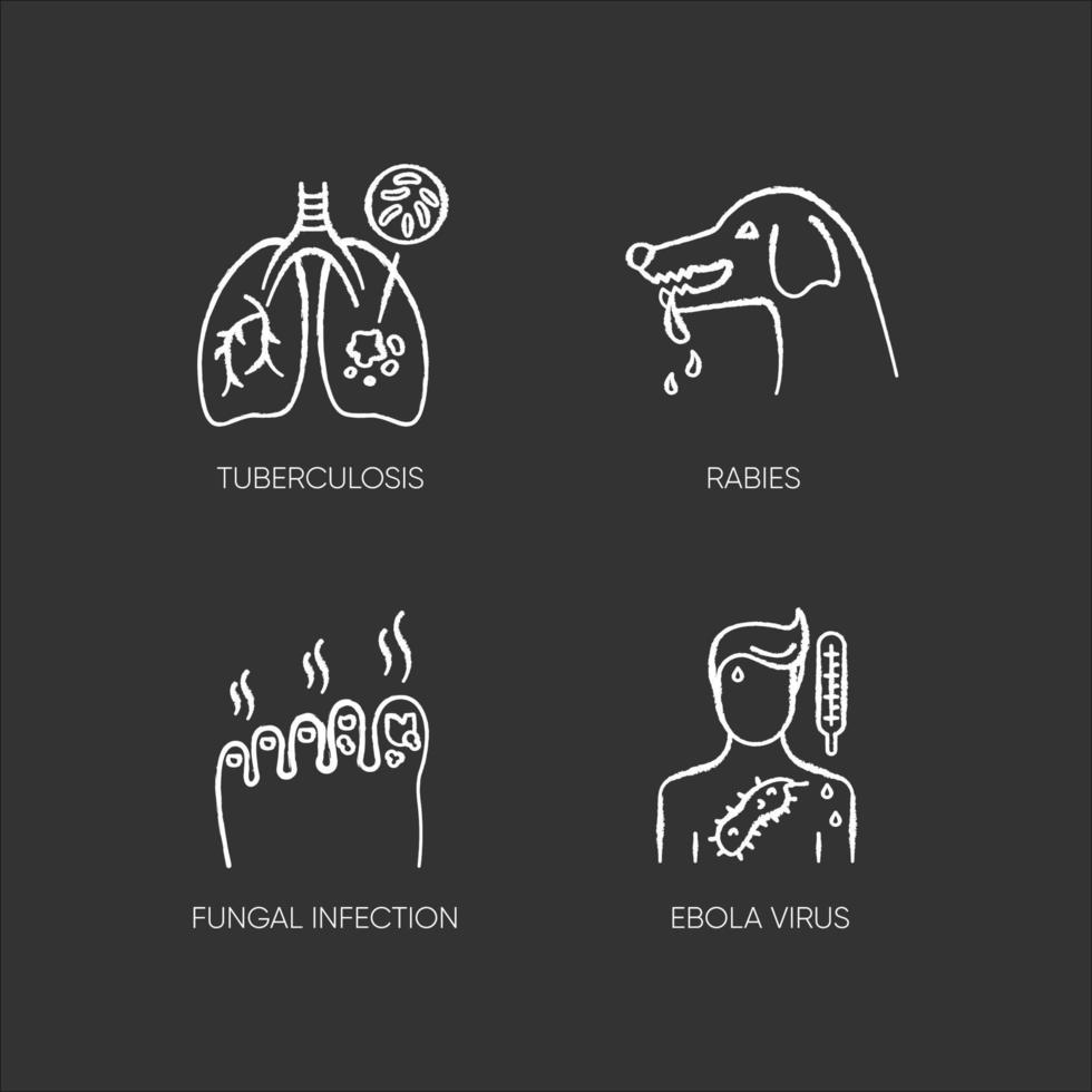 Enfermedades infecciosas conjunto de iconos de tiza blanca sobre fondo negro vector