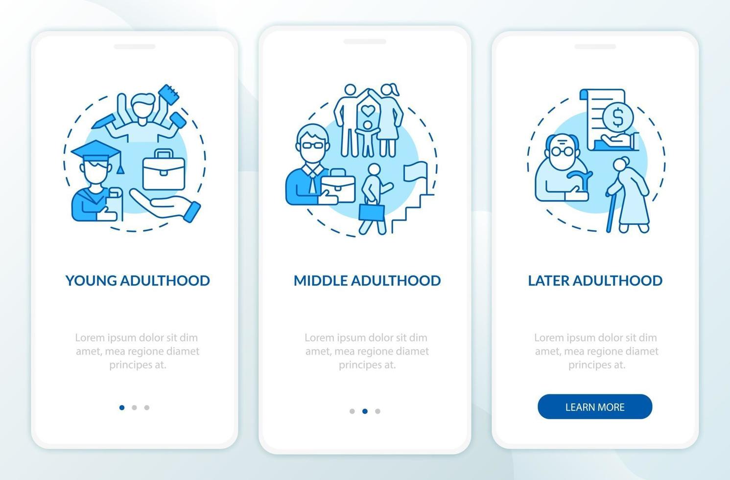 Adult life cycle onboarding mobile app page screen vector