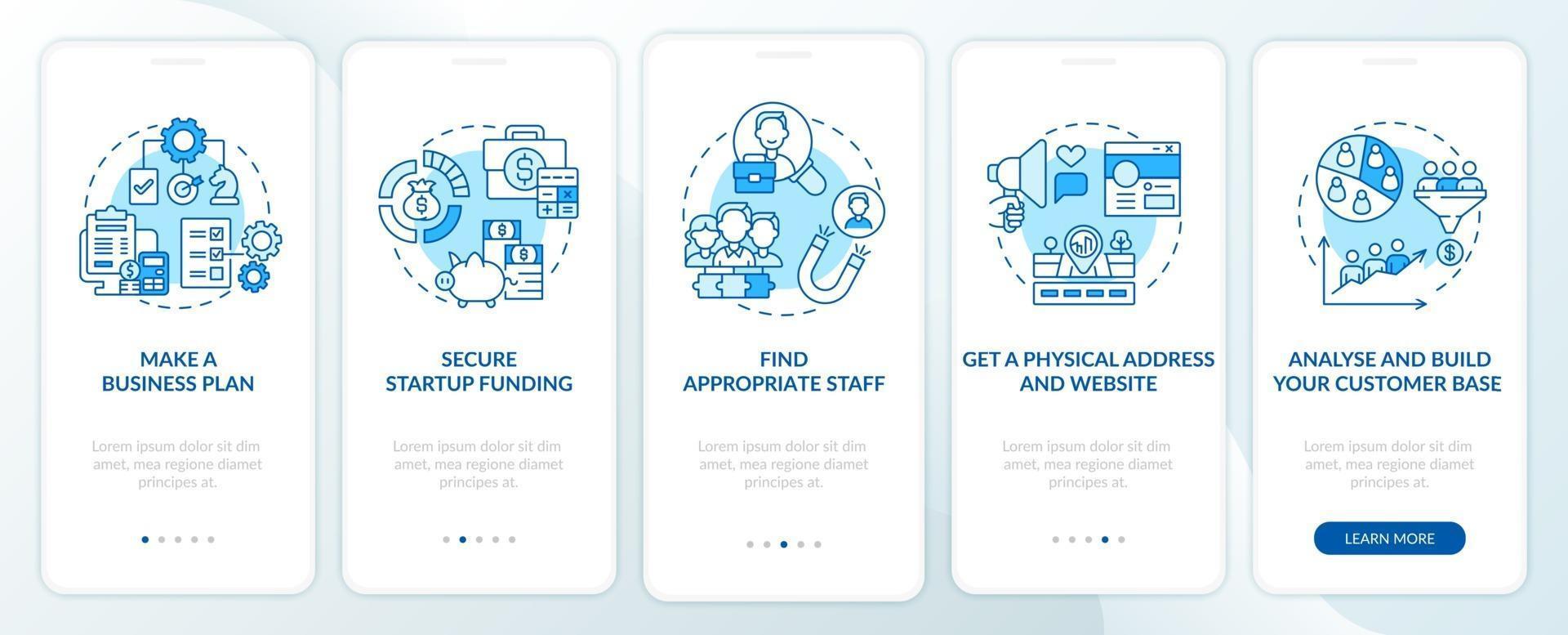 Startup launch steps blue onboarding mobile app page screen vector
