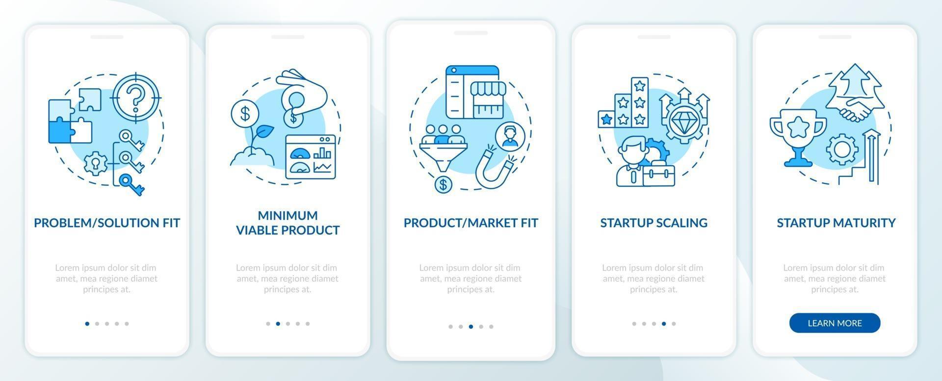 Startup lifecycle phases blue onboarding mobile app page screen vector