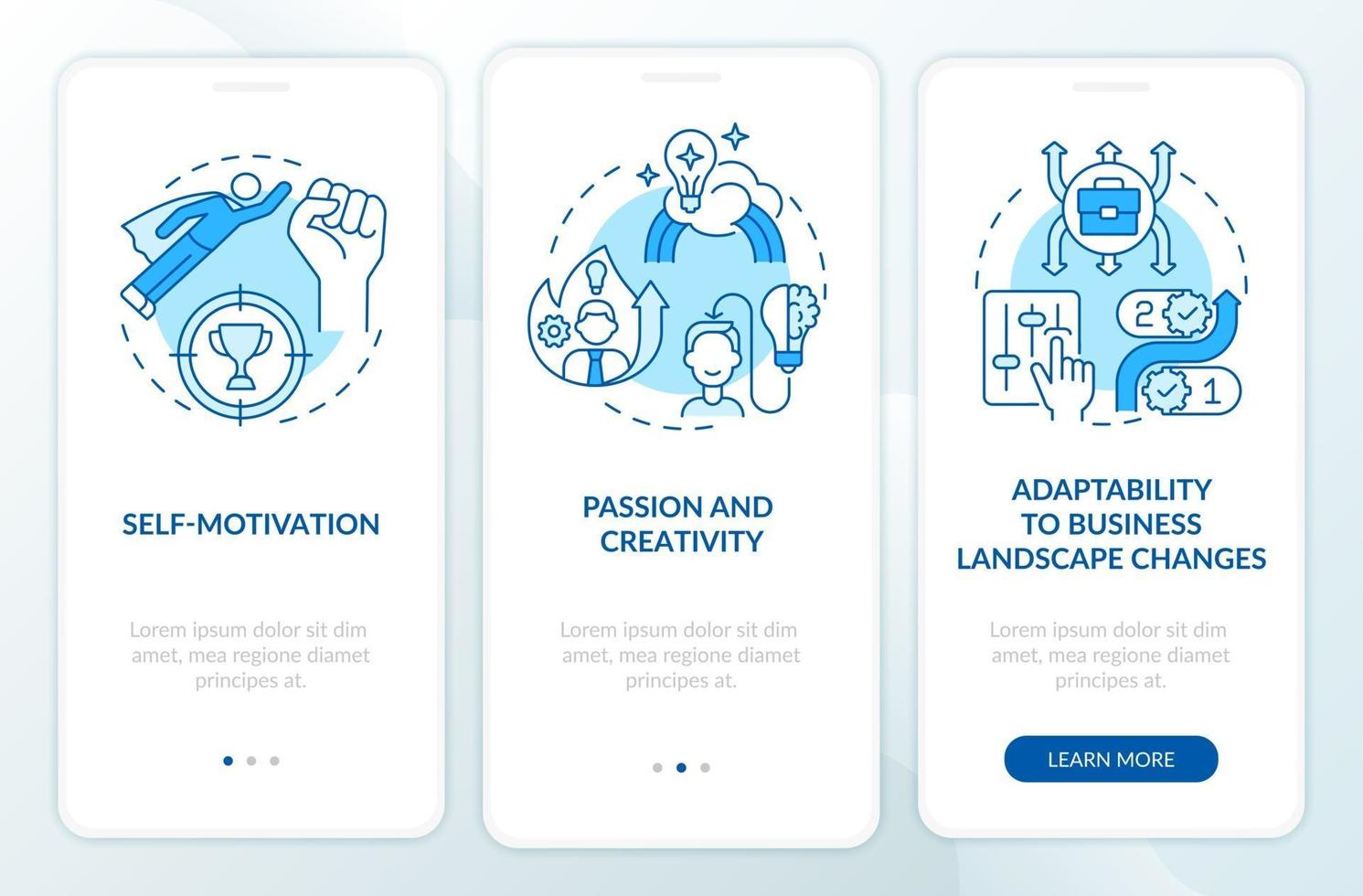 Startup launch requirements blue onboarding mobile app page screen vector