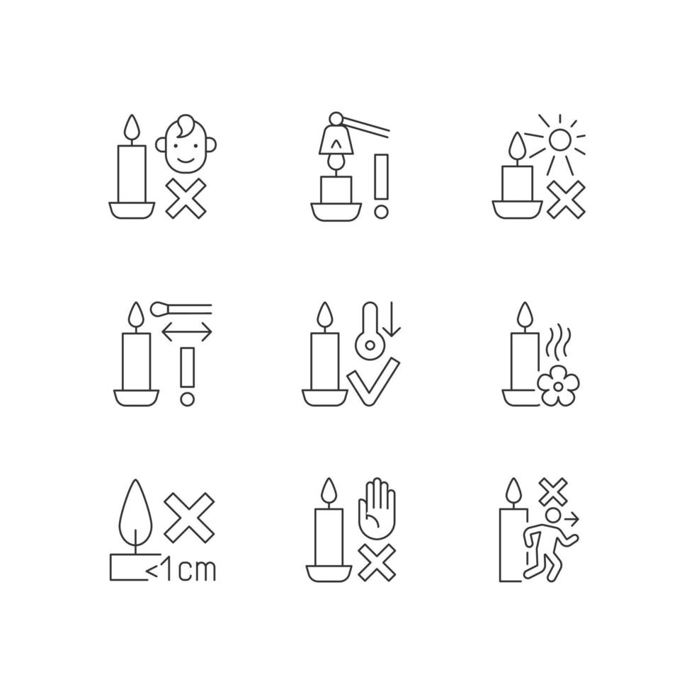 Candle safety precautions linear manual label icons set vector