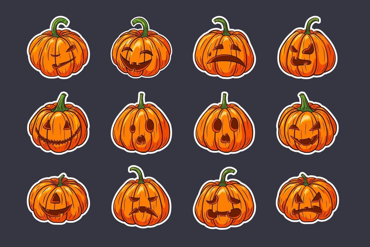 Spooky Pumpkins with Faces Halloween Stickers Set vector