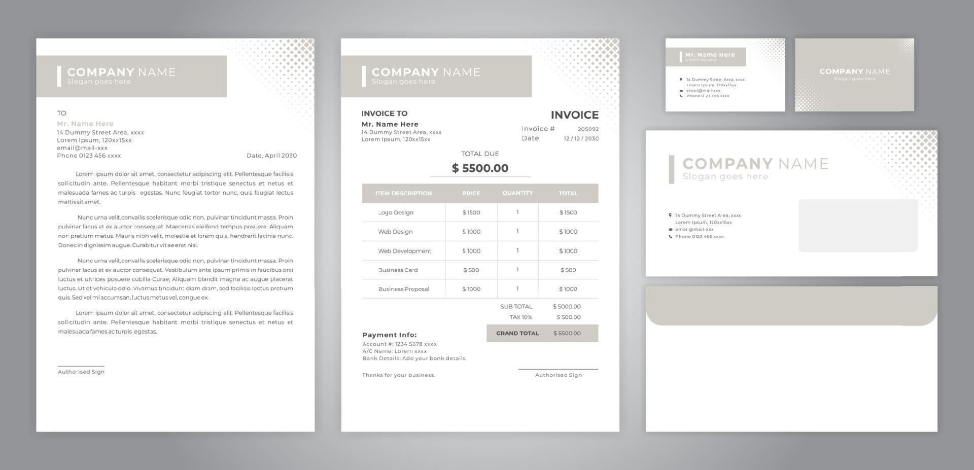 set letter head, invoice, business card and envelope vector