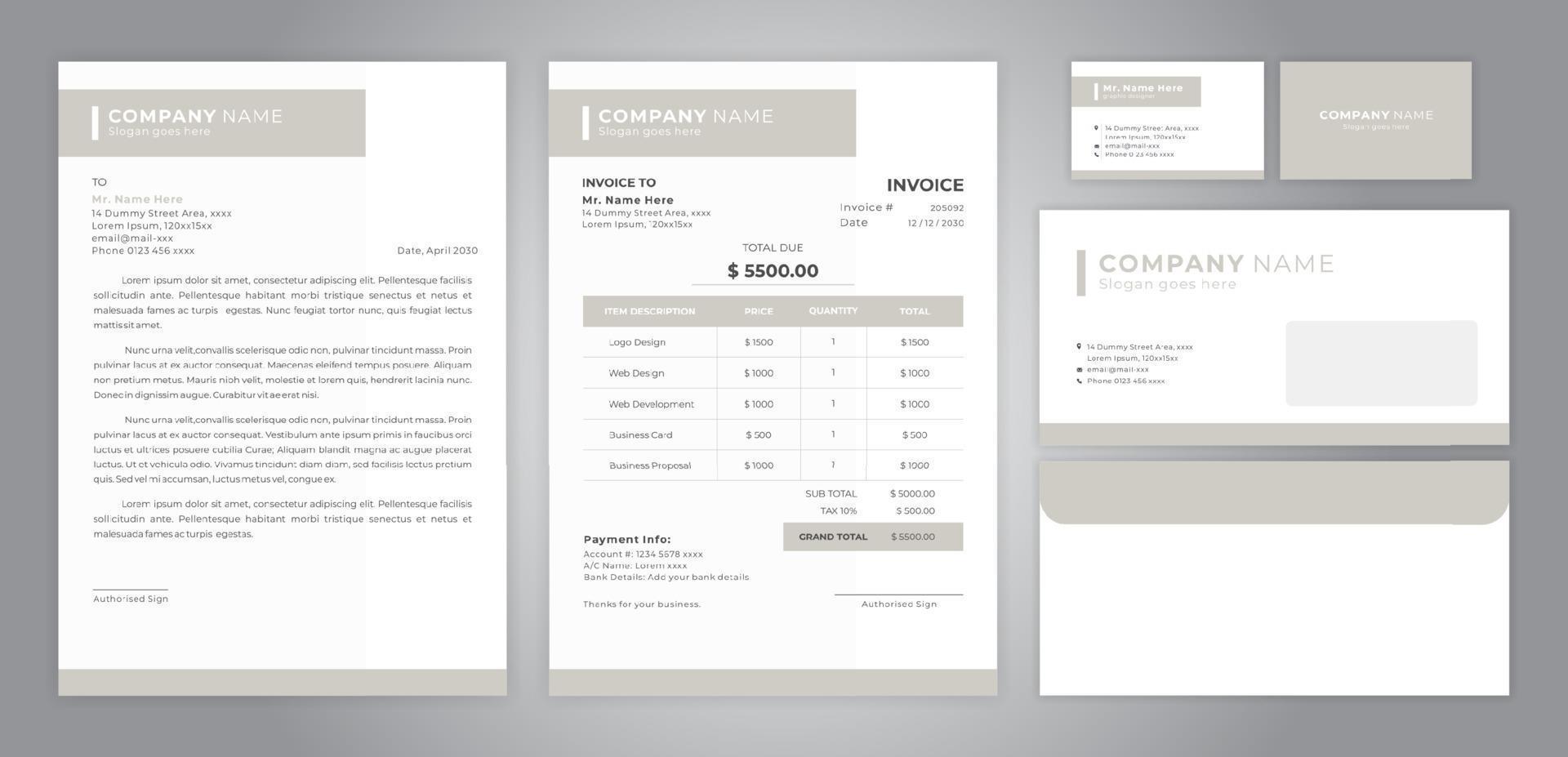 set of letter head, invoice, business card and envelope vector