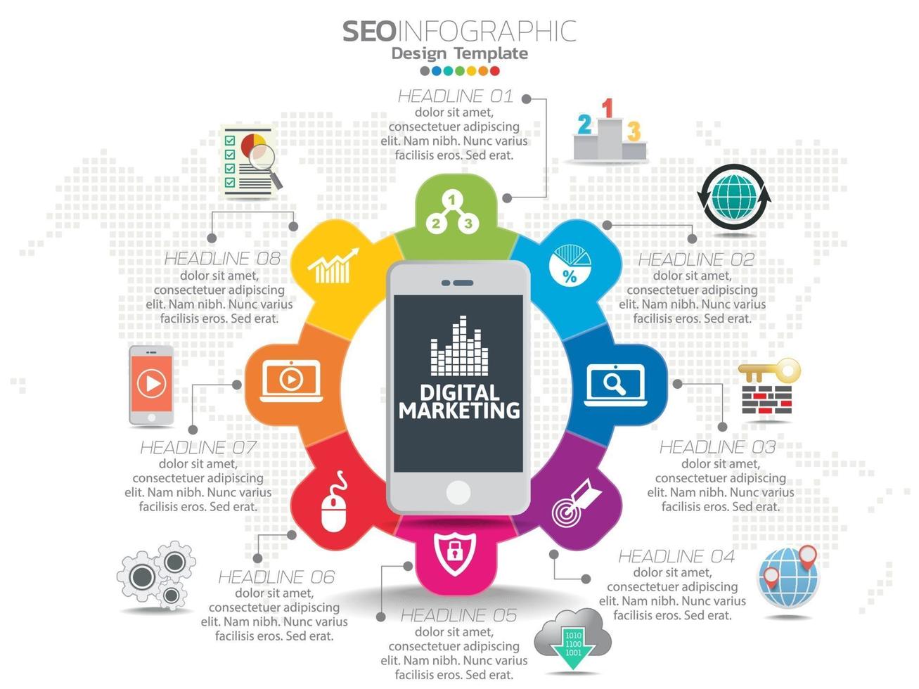 SEO concepto de marketing digital con iconos. vector