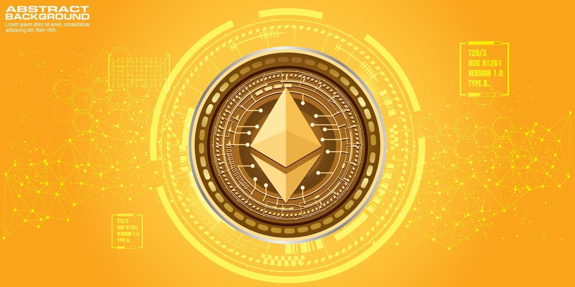 Golden symbol coin ethereum on electronic circuit background. vector