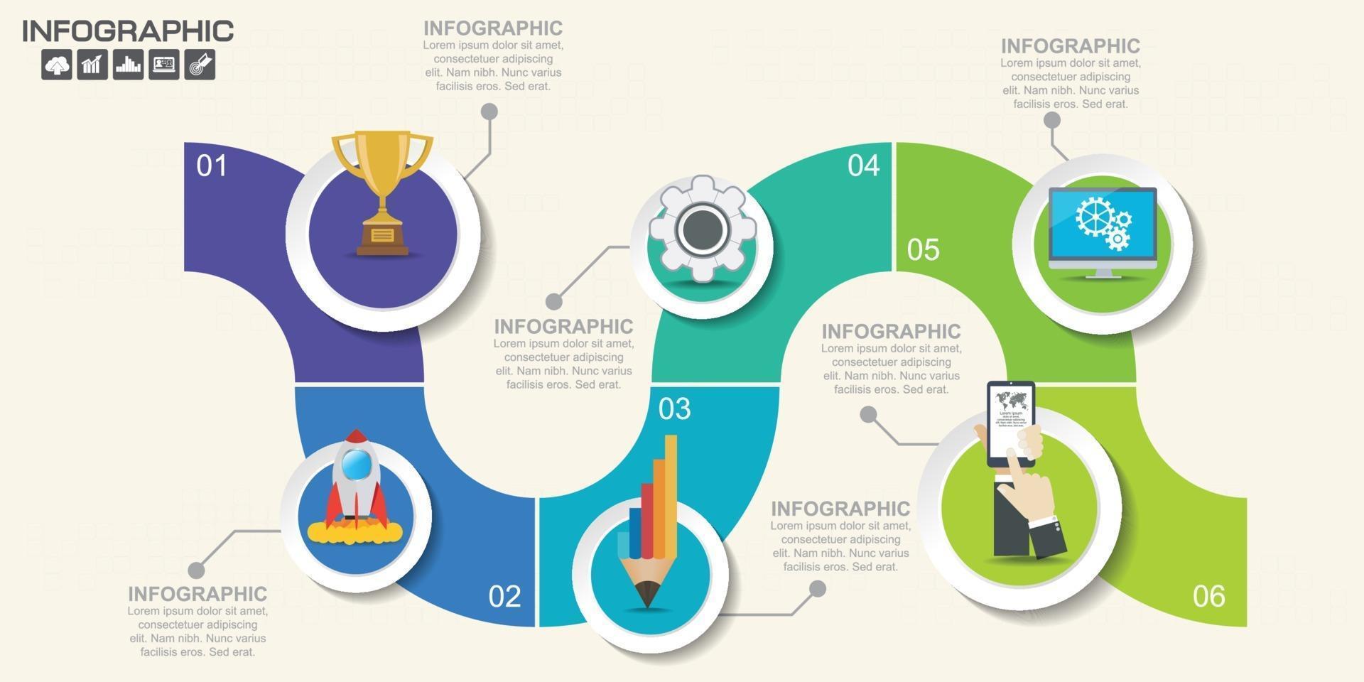 Pasos o procesos de diseño infográfico de 6 partes. vector