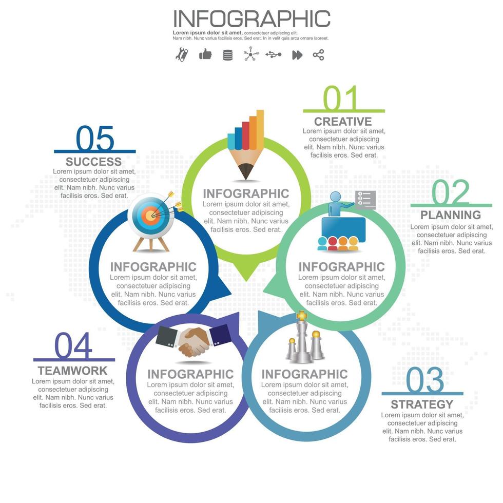 Procesos o pasos de diseño infográfico de 5 partes. vector