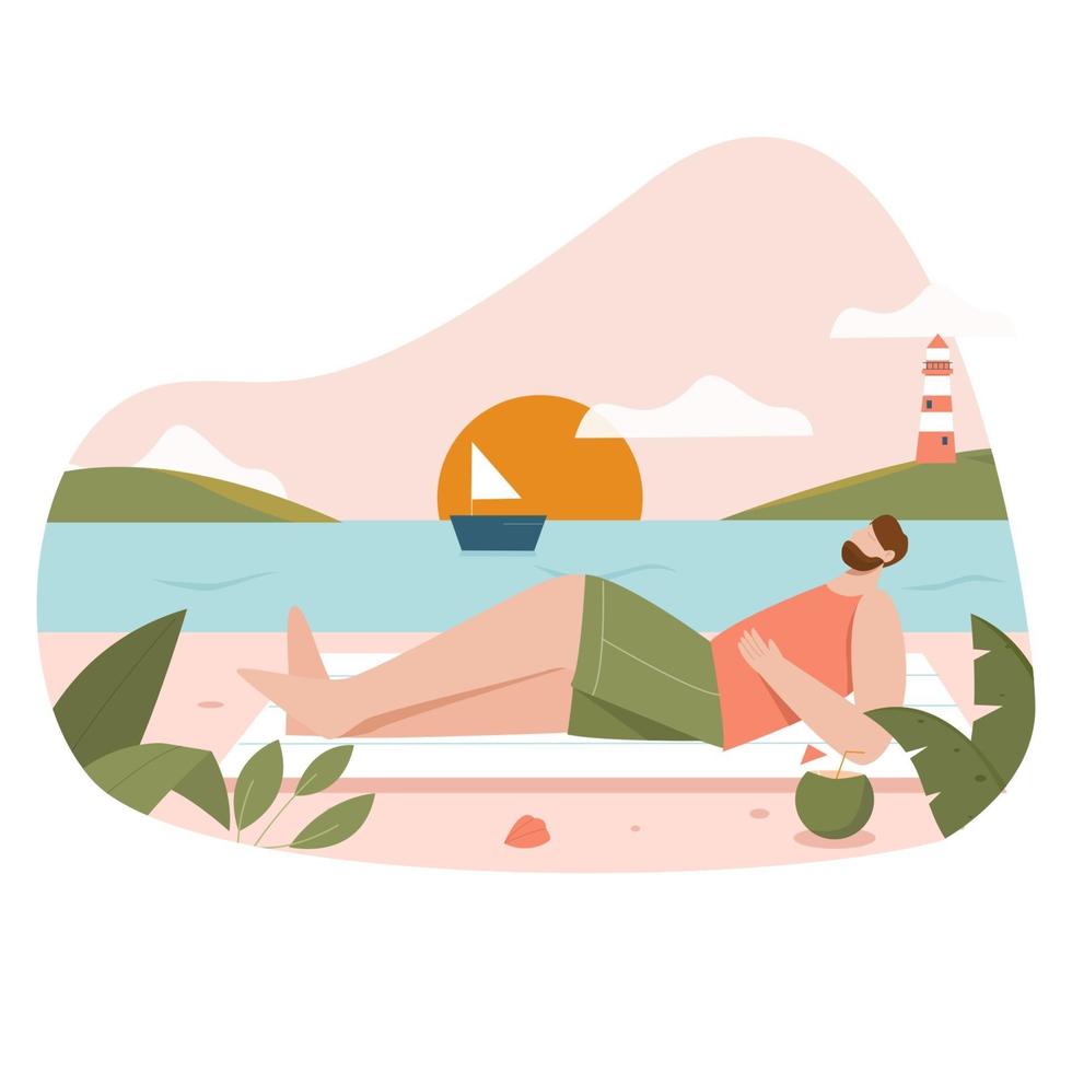 hombre en la playa ilustración plana vector