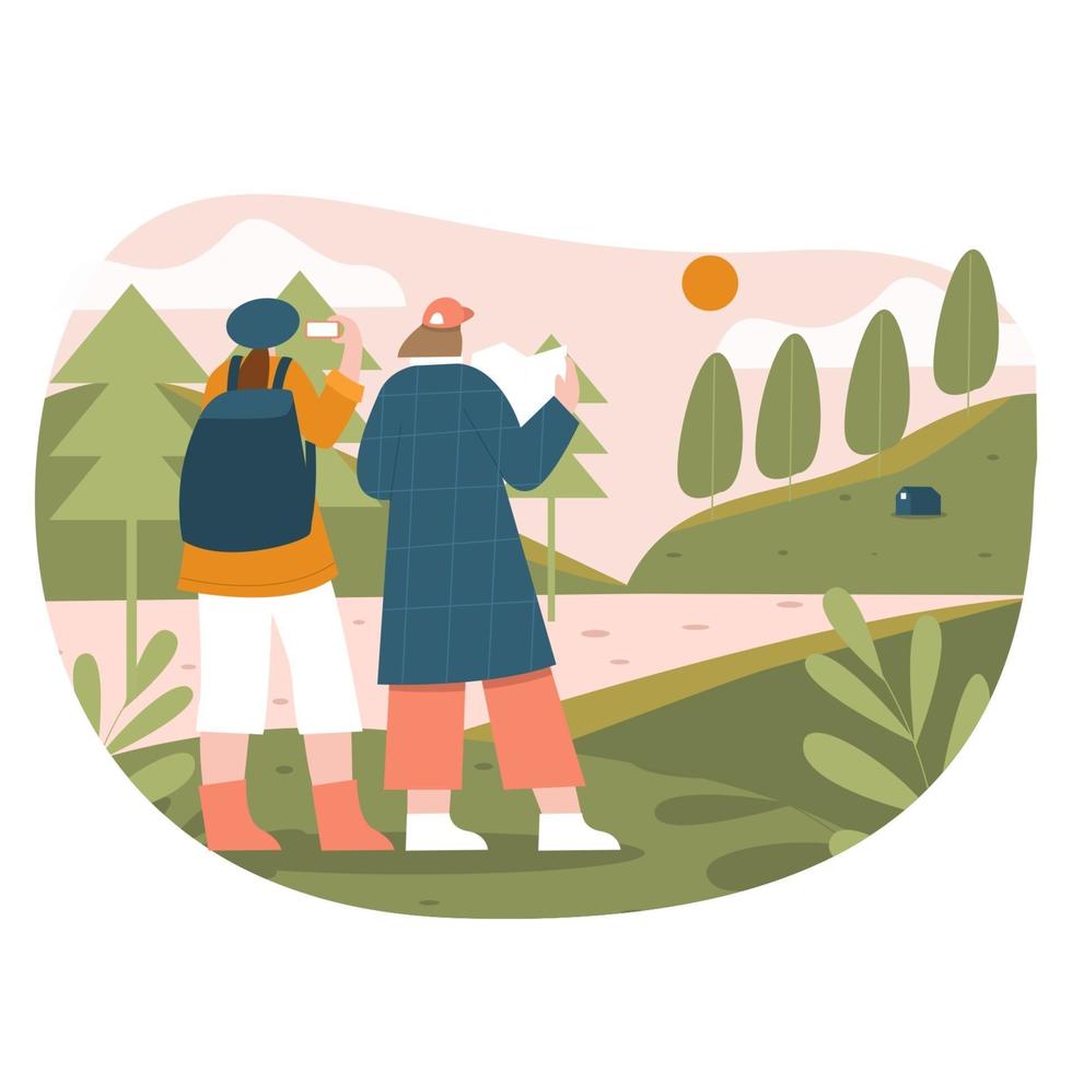 Girls hiking flat illustration vector