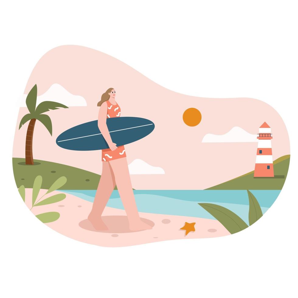 chica surf ilustración plana vector