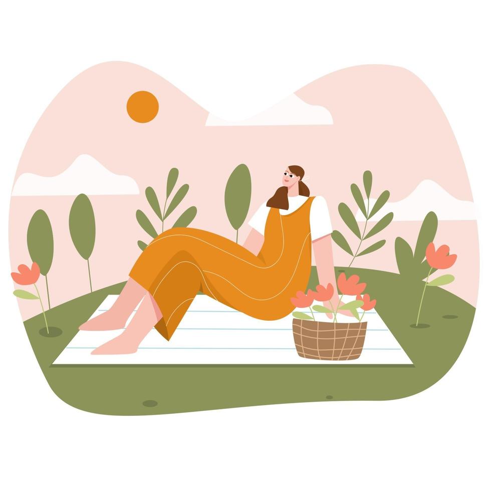 Woman picnic flat illustration vector