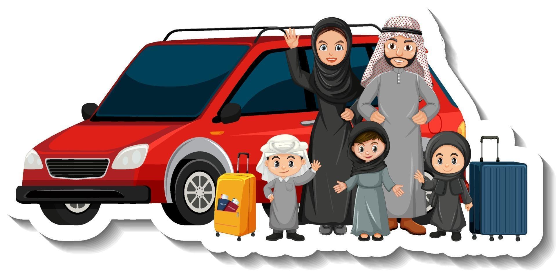 Muslim family standing in front of a car vector