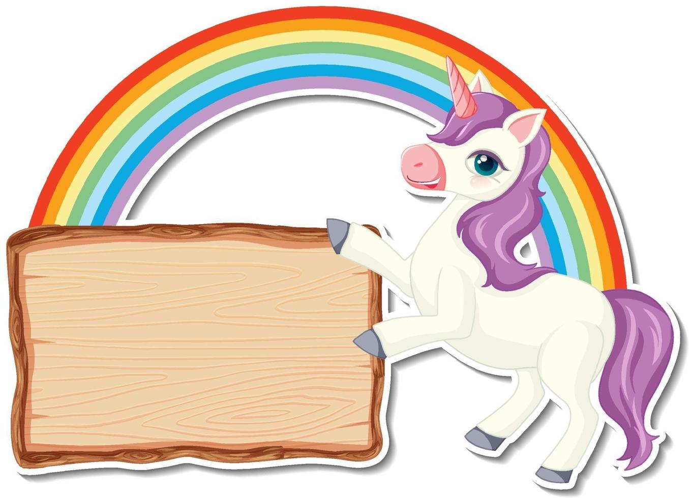 lindas pegatinas de unicornio con plantilla de banner de madera en blanco vector