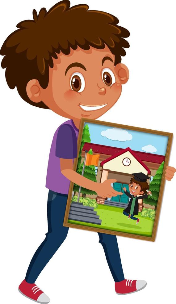 personaje de dibujos animados de un niño sosteniendo su foto de graduación vector