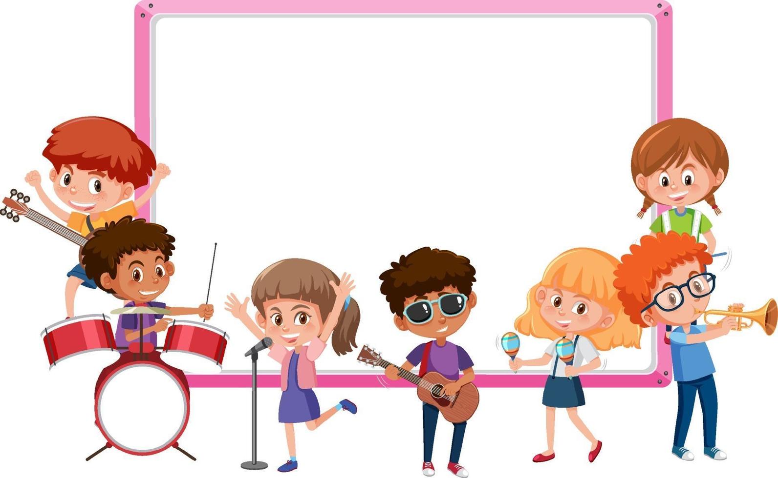 Empty board with kids playing different musical instruments vector