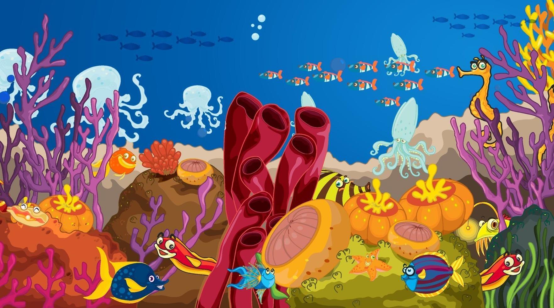 Underwater scene with sea animals and tropical coral reef vector