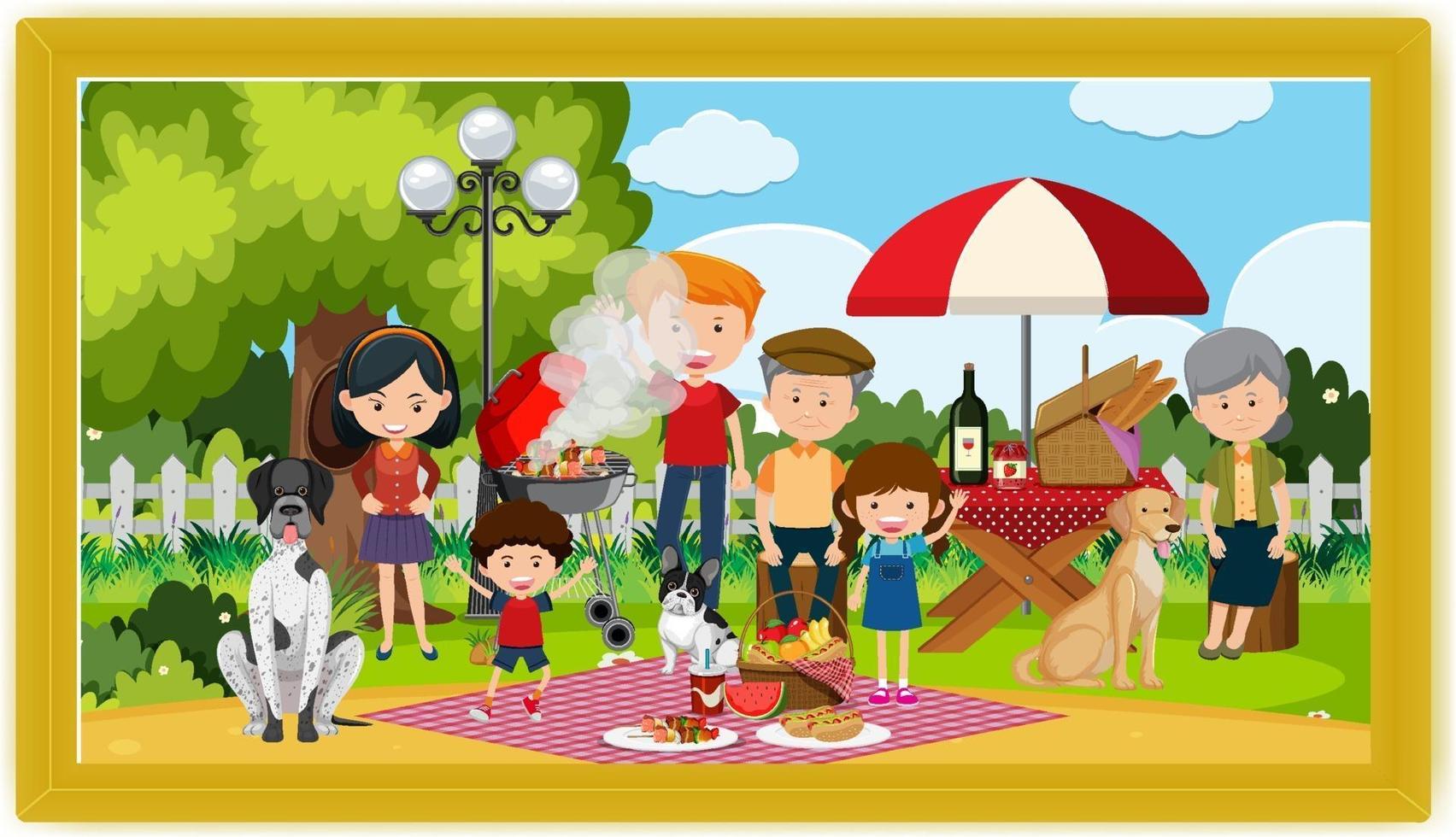 picnic familiar feliz escena al aire libre en un marco de fotos vector