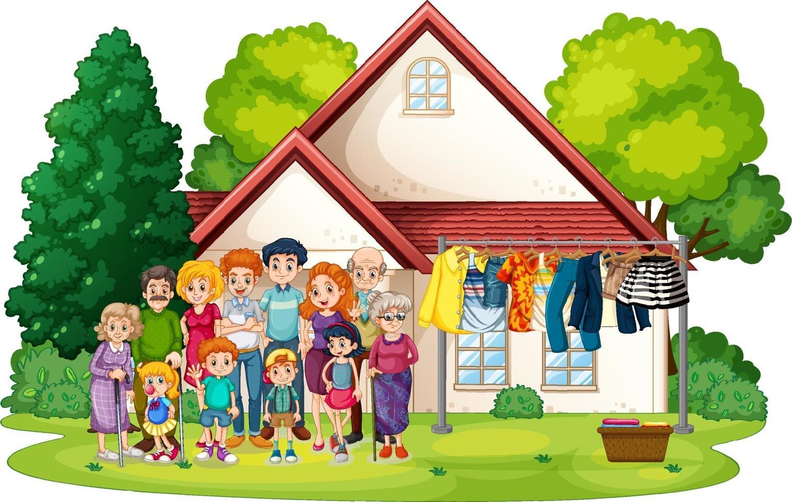 Big family standing outside home isolated vector