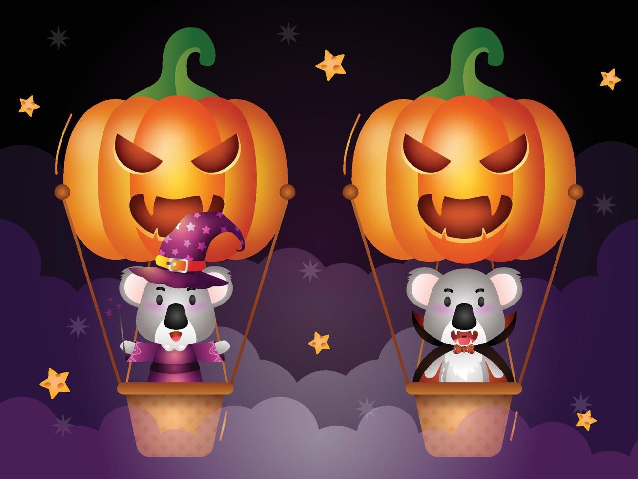 Cute koala with halloween costume on pumpkin air balloon vector